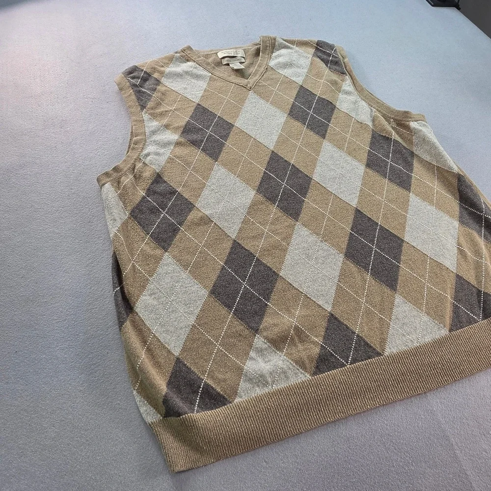 Banana Republic Mens XL Argyle Sweater Vest Tan Cotton Cashmere V-Neck Knit